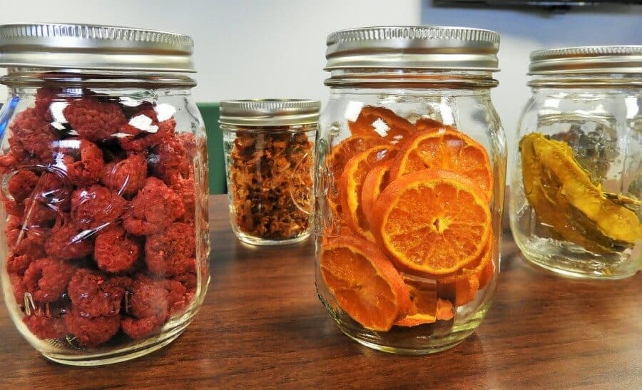 dehydrated fruit in glass jars