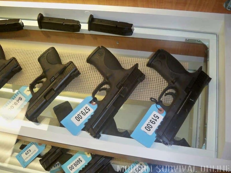 handguns in gun store