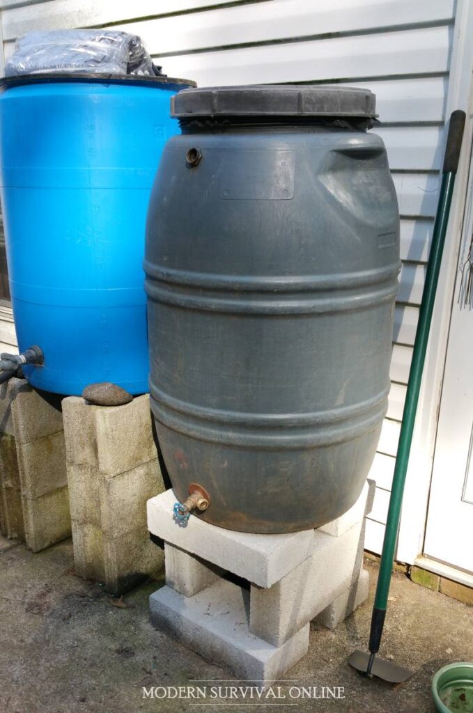 two rain barrels on cinder blocks for rainwater collection