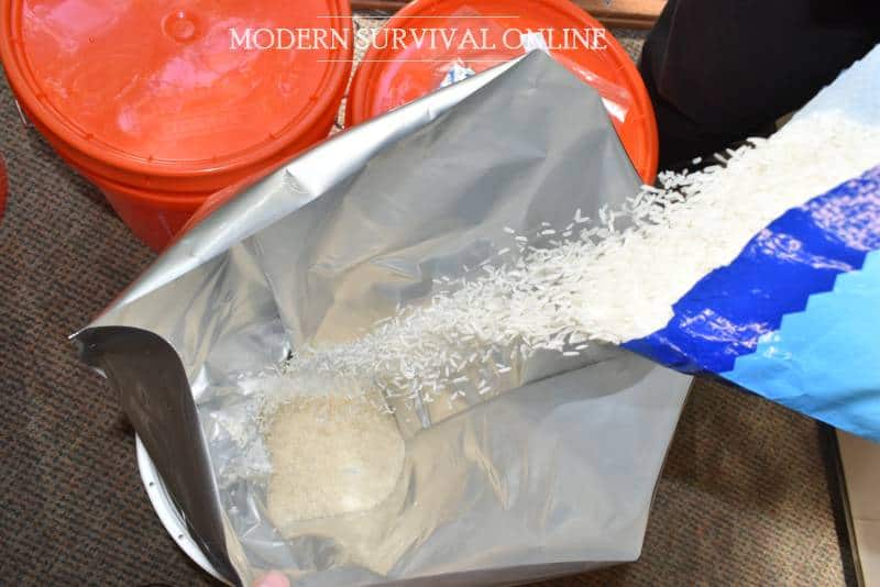 pouring rice in Mylar bag