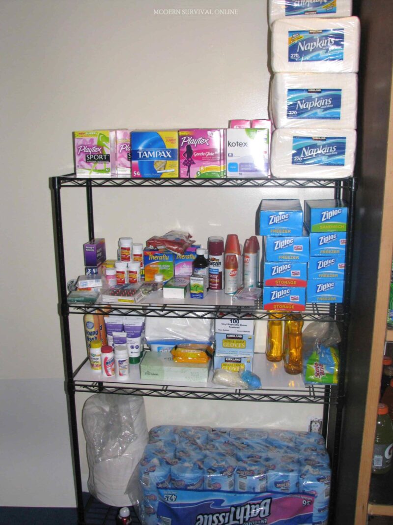 medical supplies on pantry shelves paper towels napkins tampons ziploc bags cough medicine gas relief etc