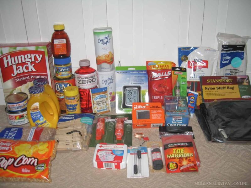 stockpiled items canned chicken breast emergency blanket toe warmers and more