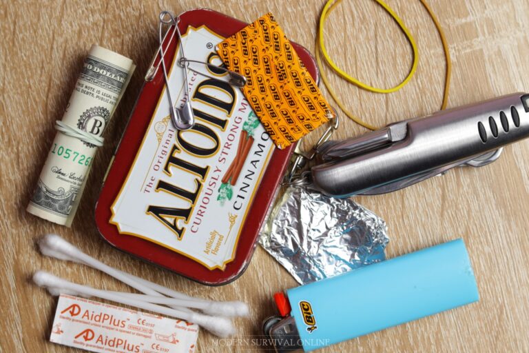 Altoids tin urban survival kit with lighter cash band-aids and more