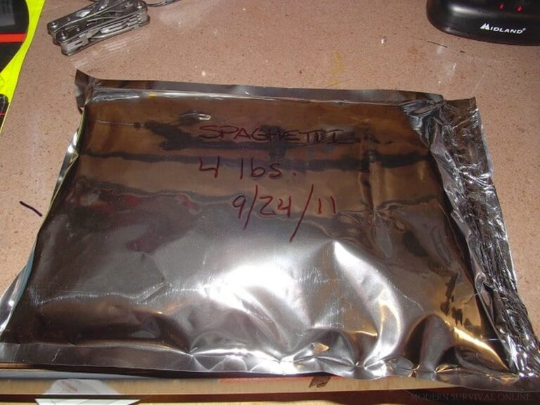 sealed Mylar bag of white rice with date on it