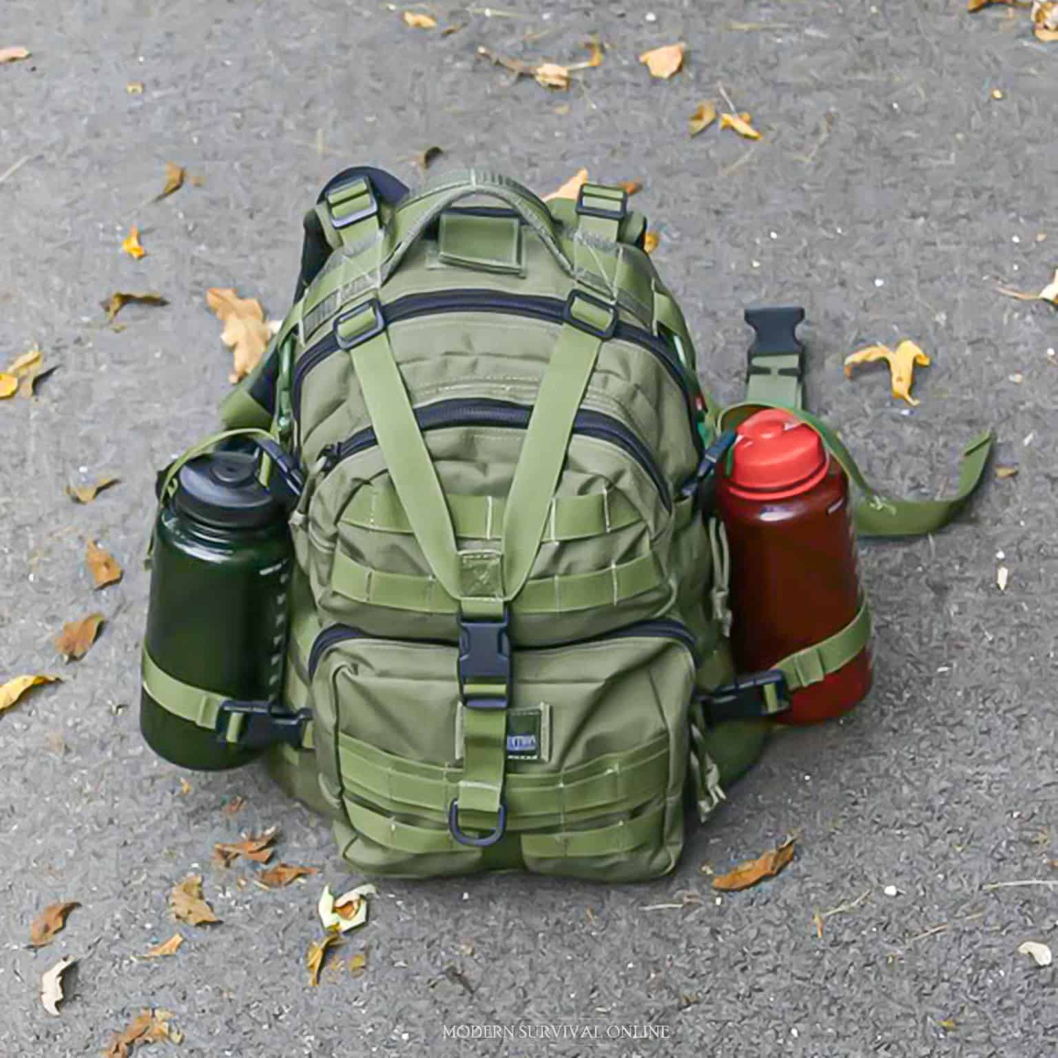 green backpack with two water bottles in side pockets