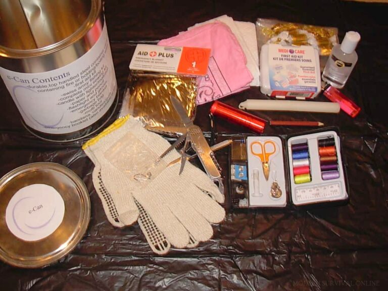 survival items next to metal can container