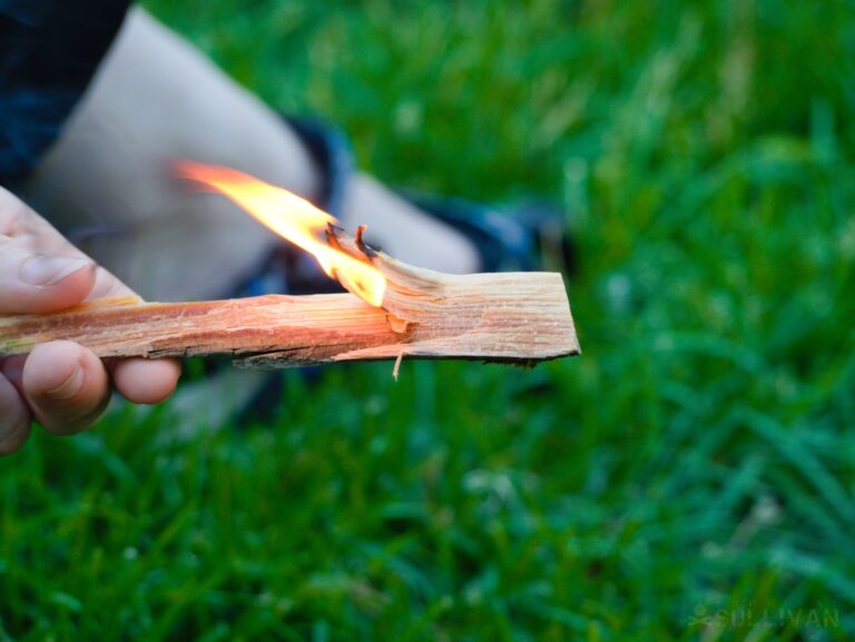 burning a feather stick made of fatwood