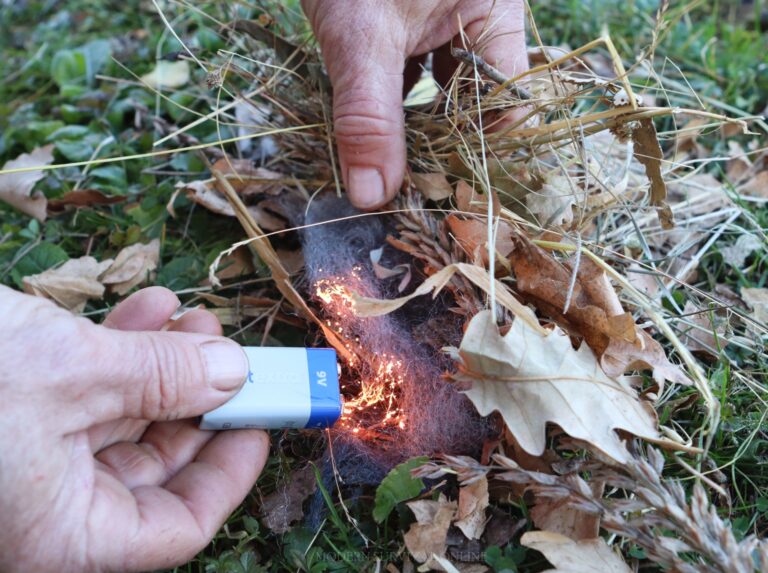 using a 9 volt battery and steel wool as tinder to start a fire