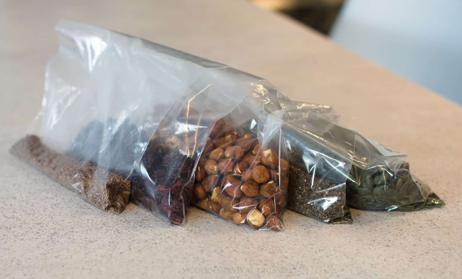 chia, flax seeds, nuts, and pumpkin seeds in Ziplock bags